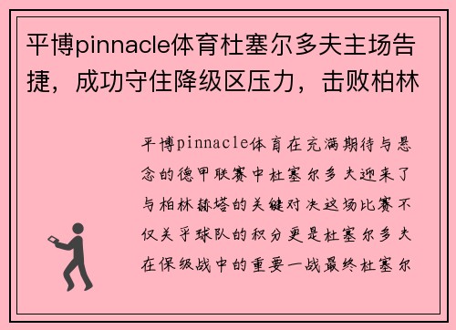 平博pinnacle体育杜塞尔多夫主场告捷，成功守住降级区压力，击败柏林赫塔